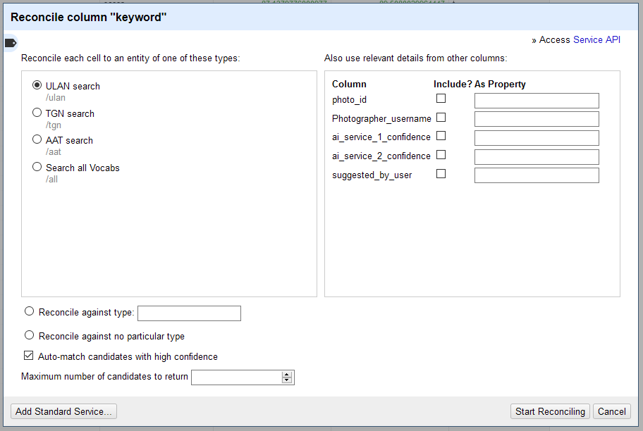 The reconciliation window with types.